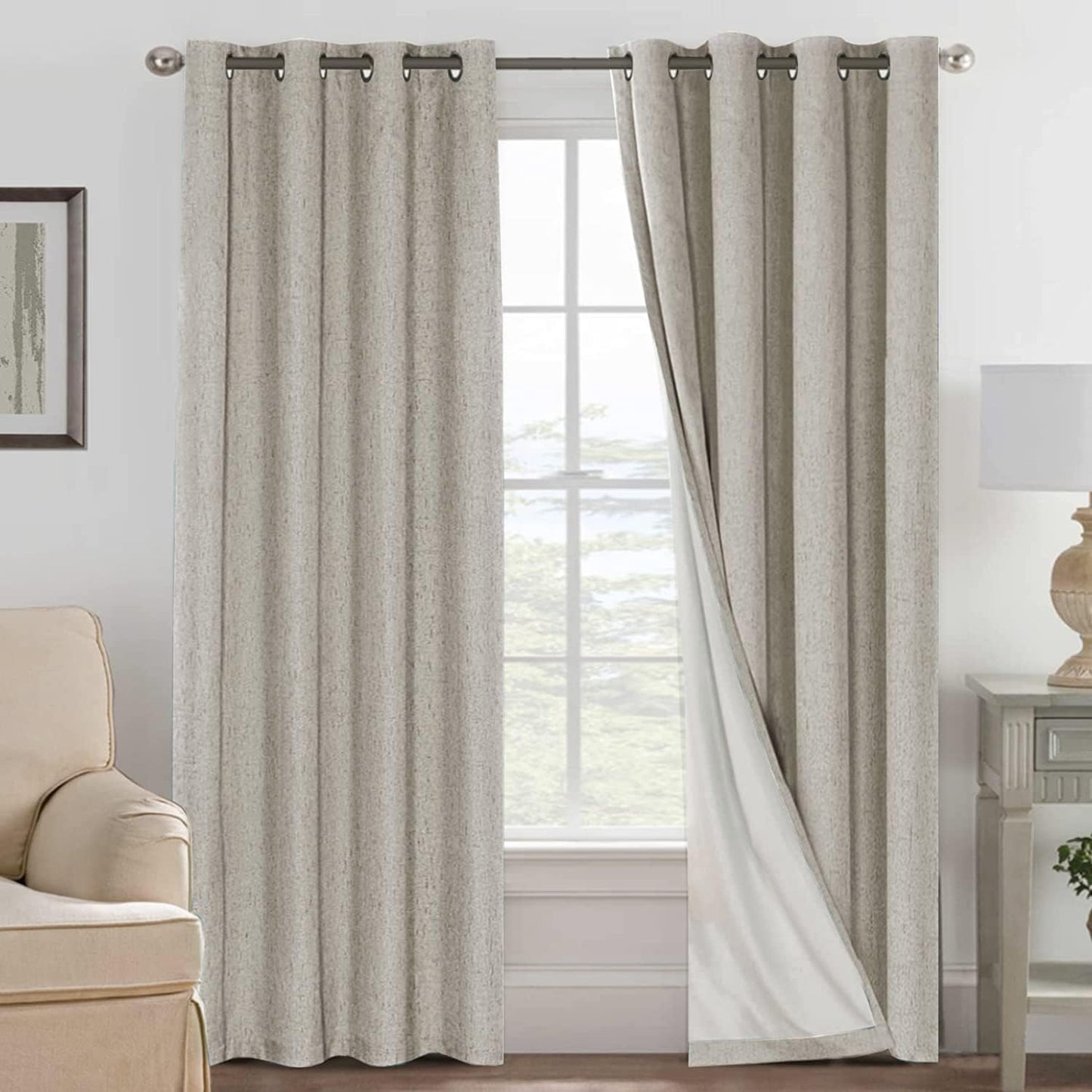 H.VERSAILTEX Blackout Drapes Linen Blackout Curtains 84 inch Length 2 Panels Set, 100% Blackout Thermal Insulated Textured Curtain Anti-Rust Grommet Curtains with White Liner, Stone