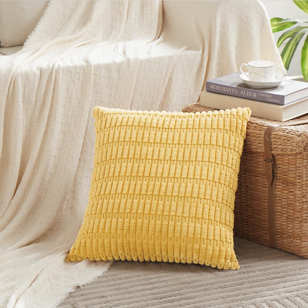 Fancy Homi 4 Packs Yellow Decorative Throw Pillow Covers 22x22 Inch for Living Room Couch Bed Sofa, Rustic Farmhouse Boho Home Decor, Soft Striped Corduroy Square Cushion Case 55x55 cm