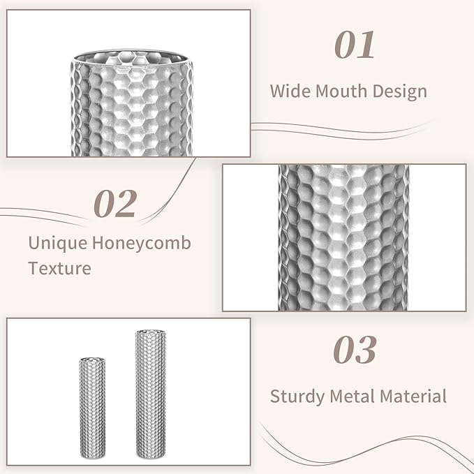 Sziqiqi Silver Tall Floor Vase: 27.6/21.7in Metal Cylinder Vases Extra Large Decorative Vase Set of 2 Living Room Modern Honeycomb Texture Big Standing Decor for Dining Bedroom Home Corner Indoor