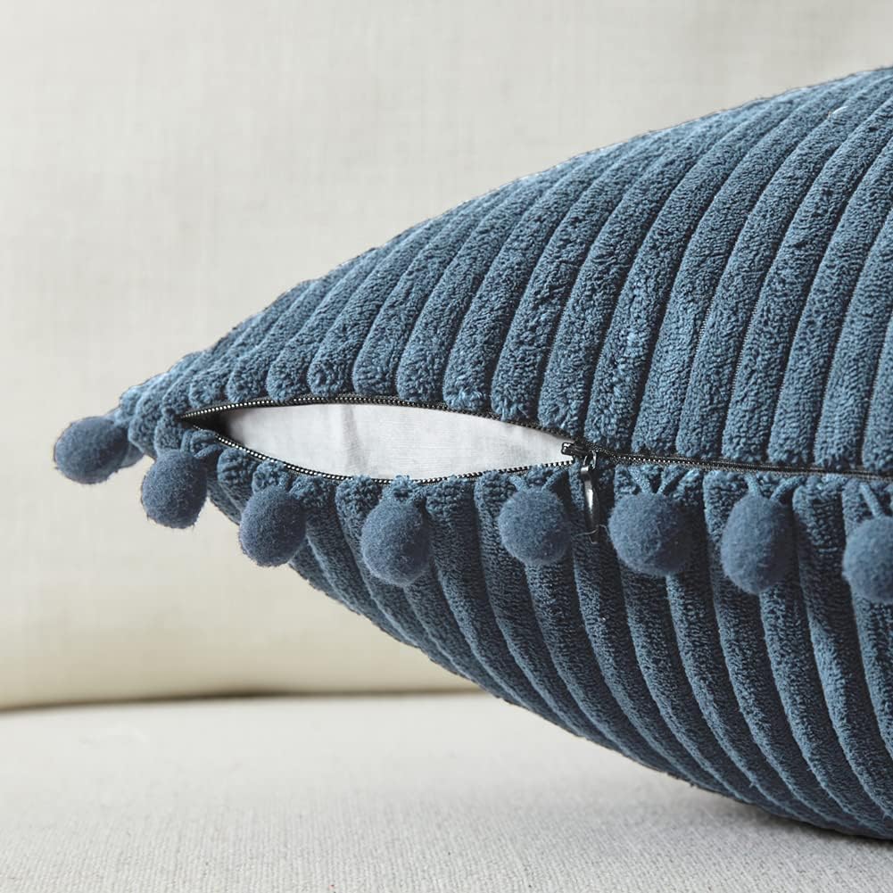 Fancy Homi Set of 2 Dusty Blue Decorative Throw Pillow Covers 14x14 Inch with Pom-poms for Couch Bed Sofa, Modern Farmhouse Boho Home Decor, Soft Plush Corduroy Cute Cushion Case 35x35 cm