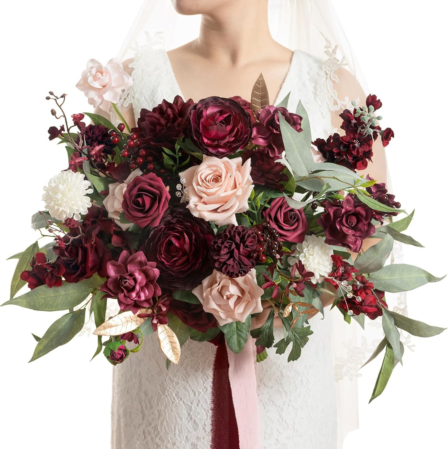 Ling's moment Red Wedding Bouquets for Bride, Burgundy and Blush Bridal Bouquets for Bride,17 Inch Free Form Artificial Wedding Flower Bouquet