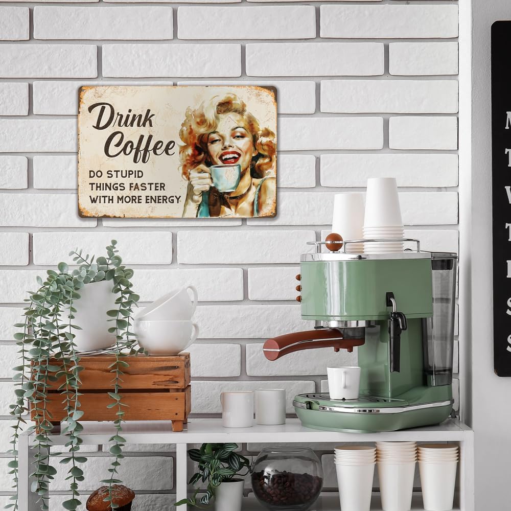 Funny Vintage Home Office Coffee Bar Decor - Drink Coffee Do Stupid Things Metal Tin Sign 12"x8"