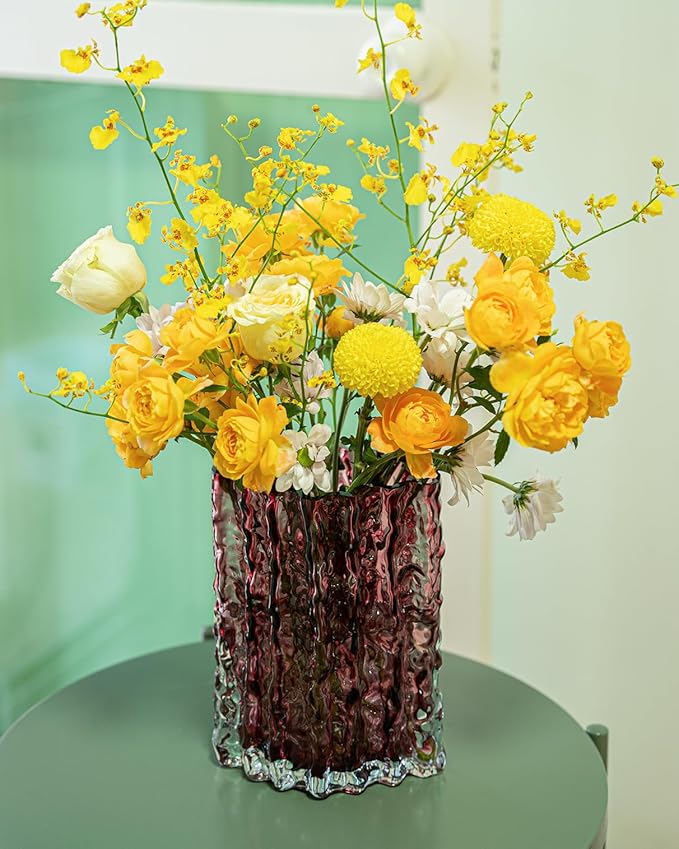 Glass Vase for Centerpieces, Diamond Shaped Vase for Flower, Modern Glacier Glass Vase for Home, Office Restaurant Desk Decor 8.3 Inch(Wine Red)