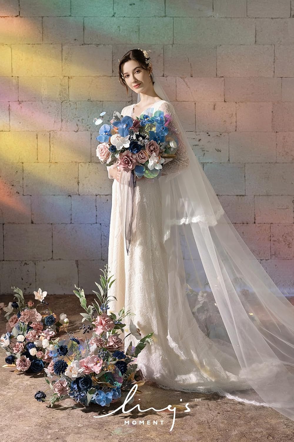 Ling's moment Pink Navy Bridal Bouquet, Dusty Rose Blue Wedding Bouquets for Bride, 15 Inch Silk Free Form Artificial Wedding Flower Bouquet