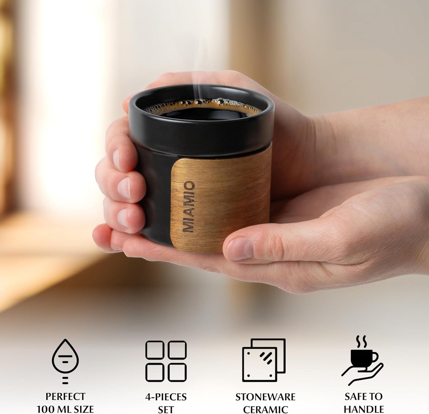 MIAMIO – Espresso Cups Set of 4 (3.5 oz) Japanese Tea Cups Ceramic/Handleless Mug with removable Wooden Cuff/Coffee Cups without Handle (Black)