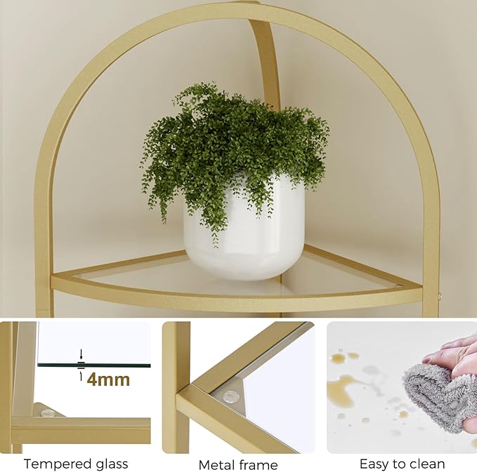 Homhedy 6-Tier Corner Shelf Stand, Metal Corner Bookshelf, Tempered Glass Shelves, Bathroom Storage Rack Shelf, Plant Stand, Modern Style, Golden
