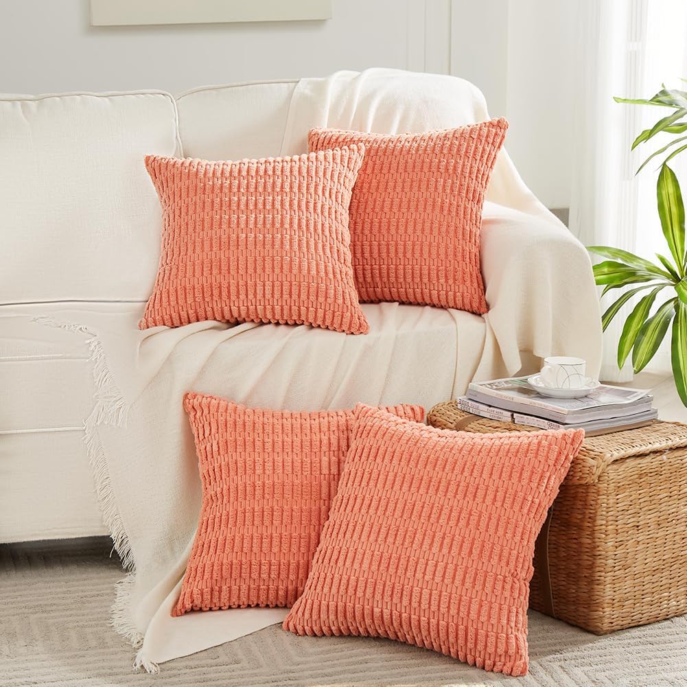Fancy Homi 4 Packs Boho Coral Decorative Throw Pillow Covers 24x24 Inch for Living Room Couch Bed Sofa, Rustic Modern Farmhouse Home Decor, Soft Plush Corduroy Peach Cute Square Cushion Case 60x60 cm