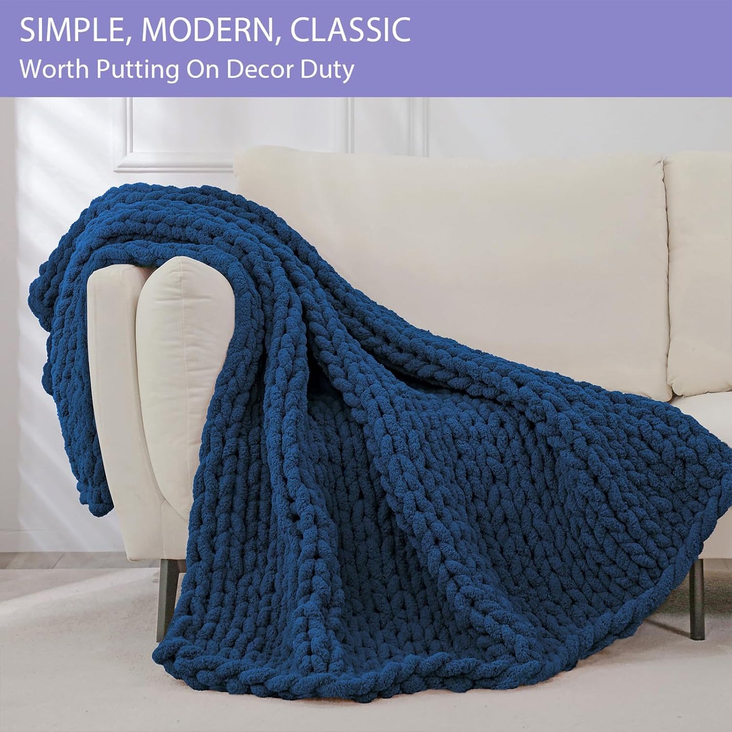 Bigacogo Chunky Knit Throw Blanket for Couch, 40x60 inches, 100% Hand Knitted with Thick Jumbo Chenille Yarn, Cozy Soft Large Rope Knot Cable Crochet Blankets for Sofa Bed Living Room, Navy Blue