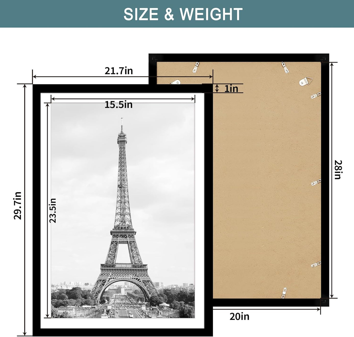 iRahmen 20x28 Picture Frame Set of 2 with Plexiglass, Black Wood Poster Frame for Wall Mounting Display 16x24 Picture with Mat or 20 x 28 Without Mat