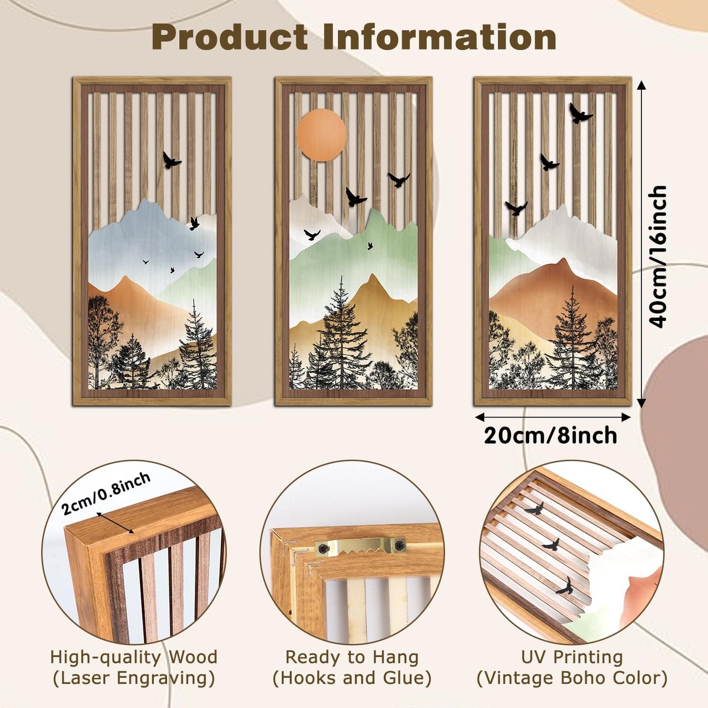 KAIRNE Landscape Wooden Wall Art,Mountain Wall Decor Set or 3(16”X8”),Forest Bird Wood Hanging Decor,Nature Scene Artwork,Vintage Farmhouse Wall Art for Bedroom Living Room Office Decoration,Framed