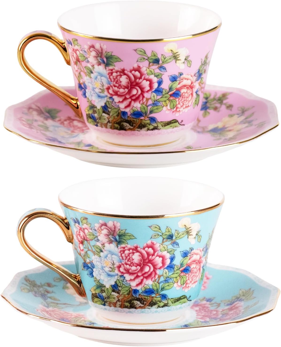 KAMMAK Ceramic Coffee Cups and Saucers Set of 2, Porcelain Espresso Cups with Saucers, 7oz Handcrafted Ceramic Floral Coffee and Tea Cup, Vintage Drinkware for Tea Party, Office, Women Gifts