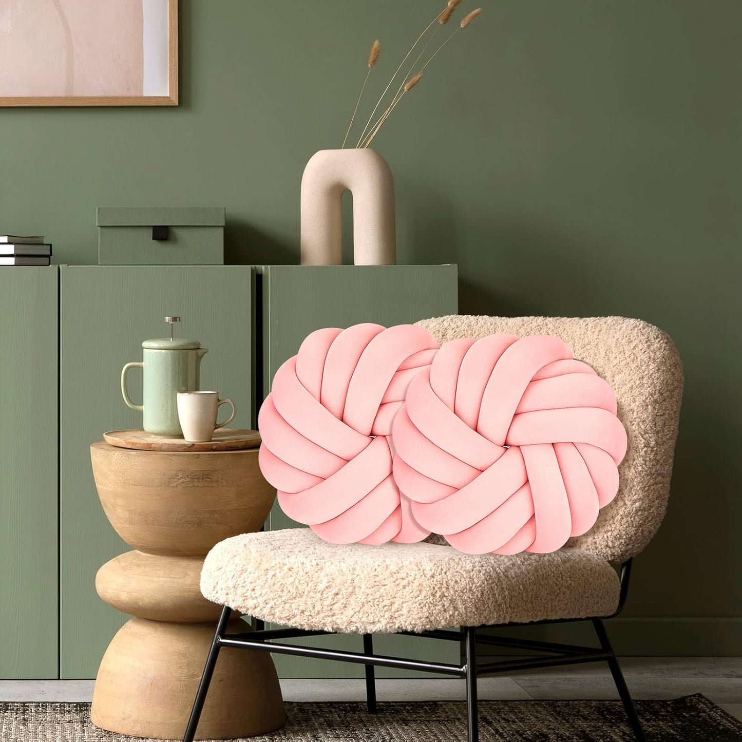 Fumete 2 Pcs 14 Inches Knot Pillow Round Throw Soft Plush Knot Ball Pillow Handmade Knotted Modern Home Decorative Cushion for Bed Bedroom, Sofa, Couch (Pink)