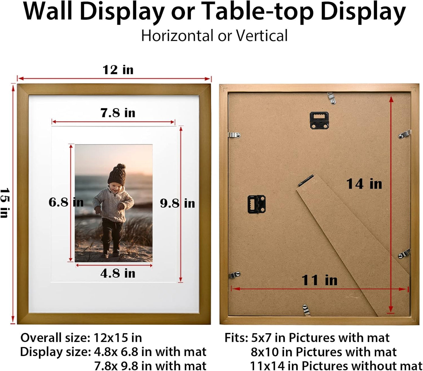KINLINK 11x14 Picture Frame Brown, Solid Wood Frames with Acrylic Plexiglass for Pictures 5x7/8x10 with Mat or 11x14 without Mat, Tabletop and Wall Display, Set of 4