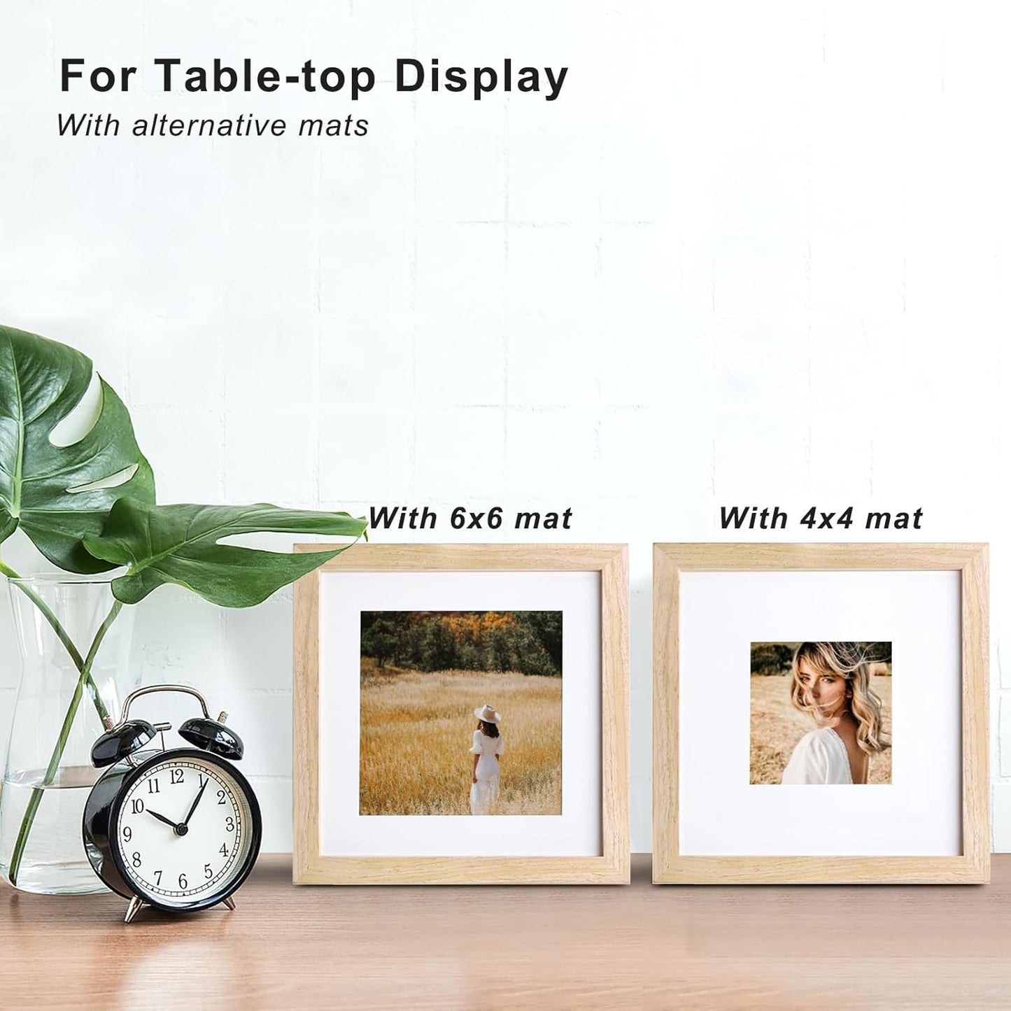 KINLINK 8x8 Picture Frame, Natural Square Solid Wood Frames for Pictures 4x4 and 6x6 with Mat or 8x8 without Mat, Wall and Tabletop Display Photo Frames Natural Wood 4 Pack