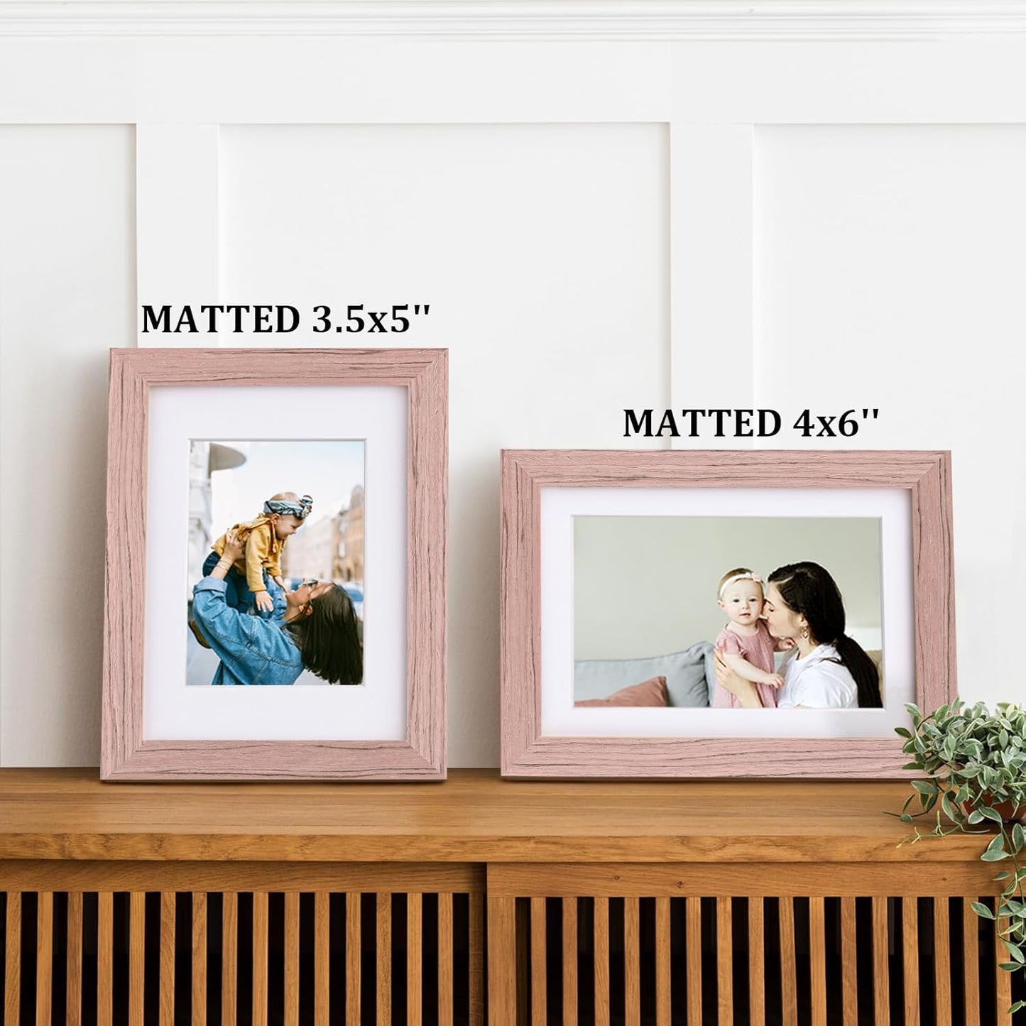 Egofine 5x7 Picture Frames Set of 4, Made of Solid Wood Covered by Plexiglass 3.5x5 and 4x6 with Mat or 5x7 without Mat, for Table Top Display and Wall Mounting Photo Frame Peach Pink