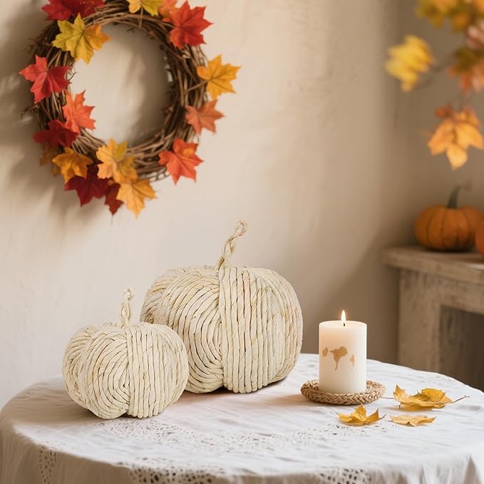 winemana 2 Pack Woven Pumpkin Decor - Fall & Thanksgiving Home Decorations, White Pumpkins Farmhouse Autumn Centerpieces for Table, Mantel, Porch Decor (Cattail Material, Assorted Size)