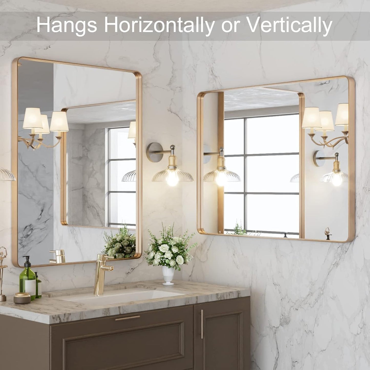 LOAAO 28”X36” Gold Bathroom Mirror, Rounded Rectangle Gold Frame Mirror, Brushed Gold Bathroom Vanity Mirror Wall-Mounted, Anti-Rust, Hangs Horizontally or Vertically