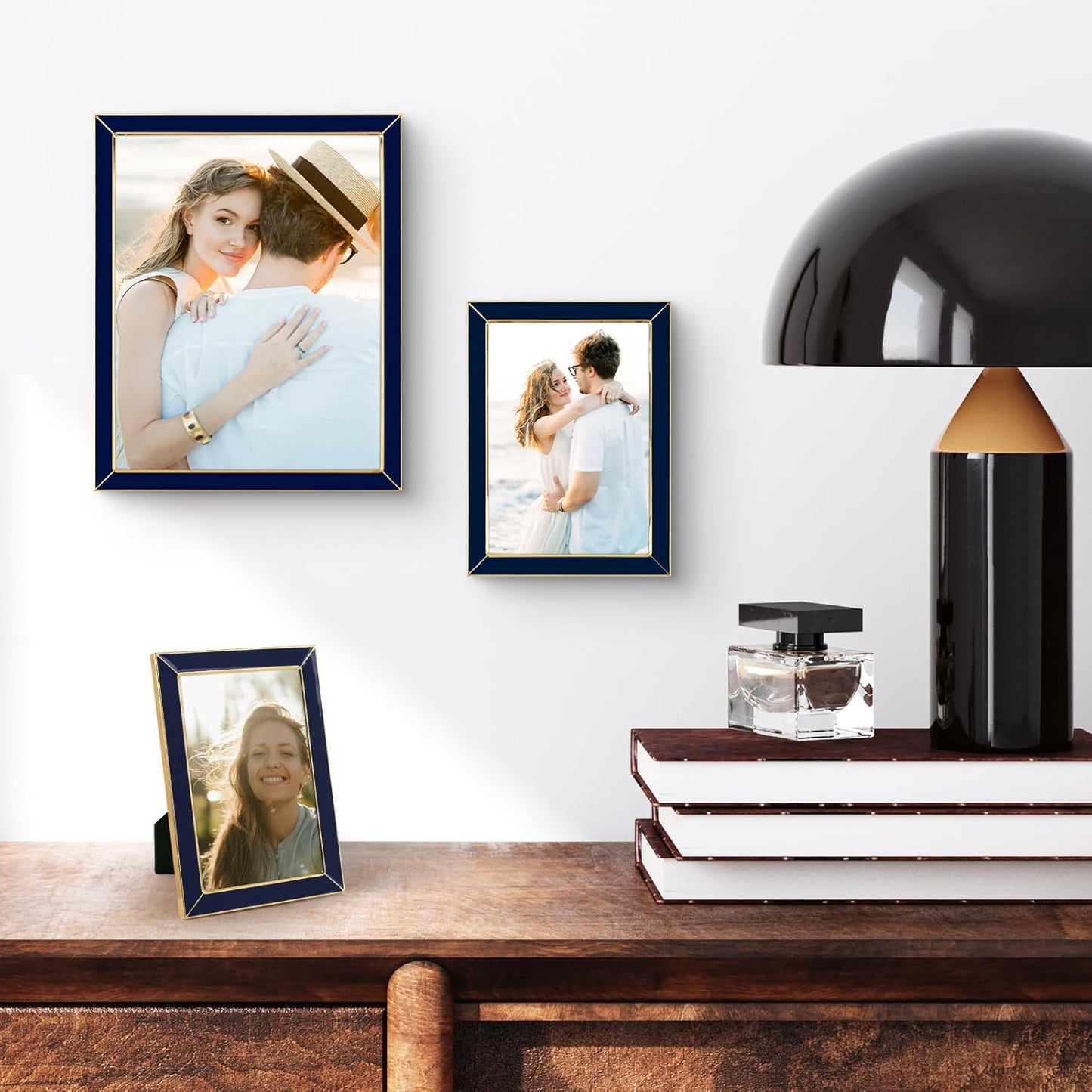 Frametory Enamel Picture Frame - 8x10 Gold Metal Edge Navy Blue Enamel Picture Frame With Easel and Velvet Back for Tabletop Display, 8x10 Wall Decoration, Photo Frames, Picture Display-2 Set