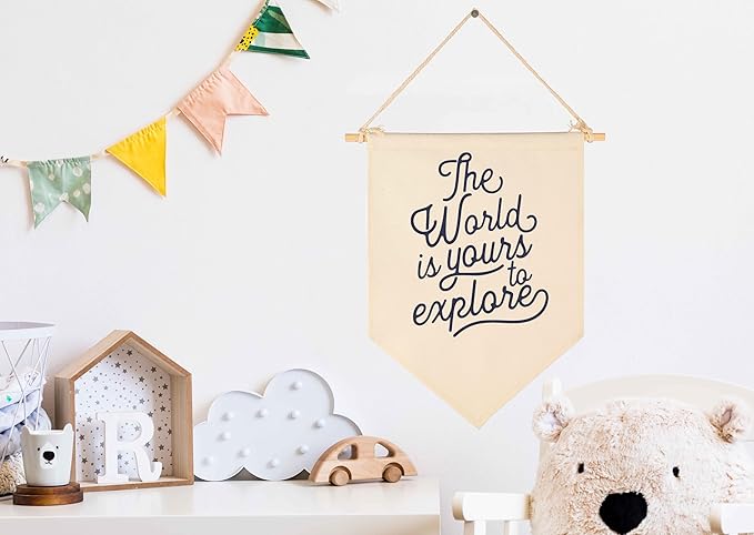 The World Is Yours To Explore-Adventure Flag Sign Gifts for Baby Newborn Boys Girls Kids-Banner Wall Decor Gifts for Nursery Bedroom Playroom Front Door-Baby Gift Shower-New Home Gift