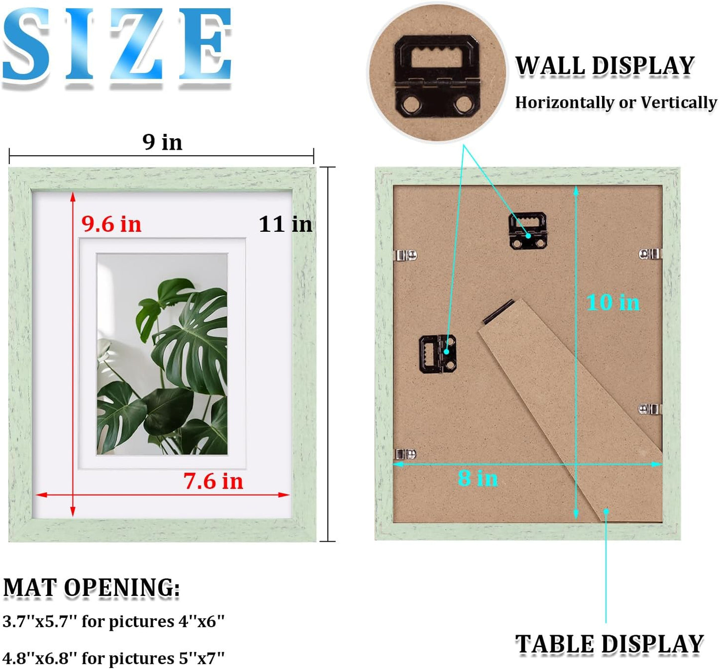 Egofine 8x10 Picture Frames Set of 4, Made of Solid Wood Covered by Plexiglass 4x6 and 5x7 with Mat or 8x10 without Mat, for Table Top Display and Wall Mounting Photo Frame Rustic Green