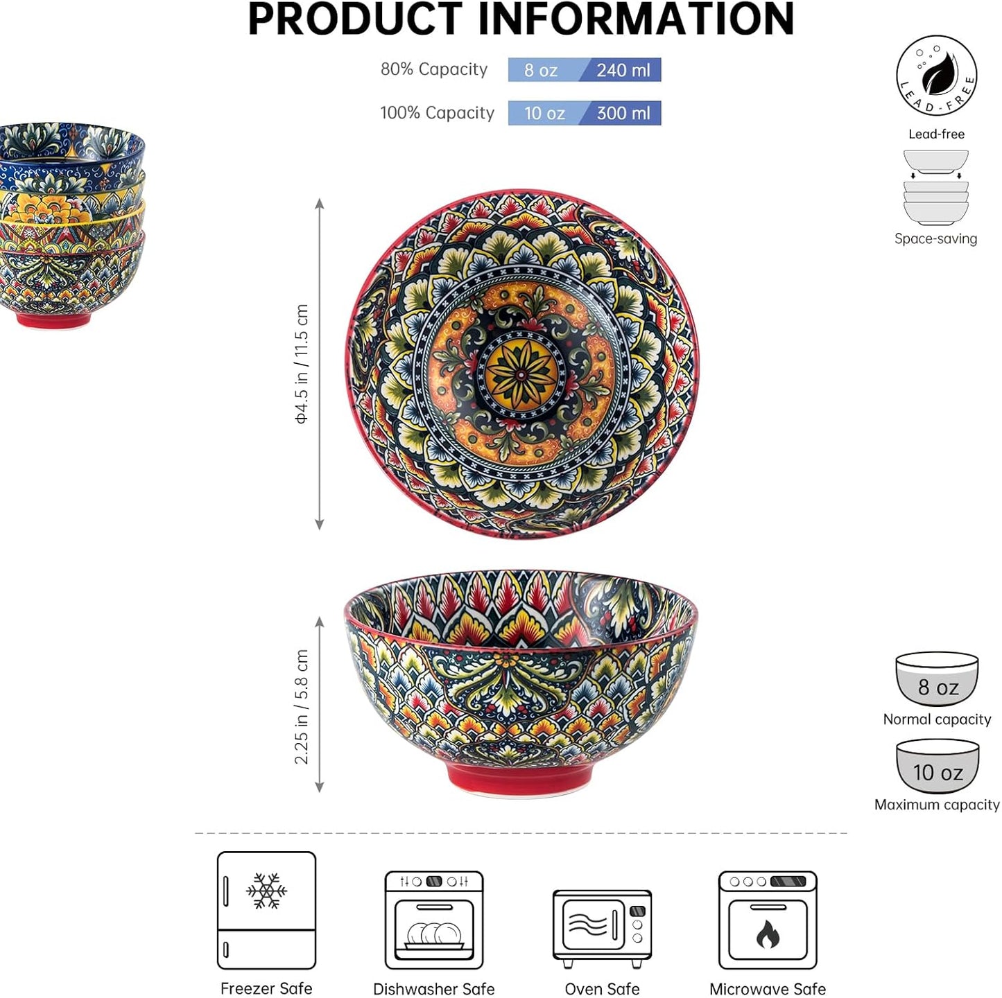 Henten Home Ceramic Dessert Bowls Set of 4, Bohemia 10 oz Snack Serving Bowl, Porcelain Colorful Bowls for Sauce, Fruits, Ice Cream, Soup, Decorative, Microwave & Dishwasher Safe