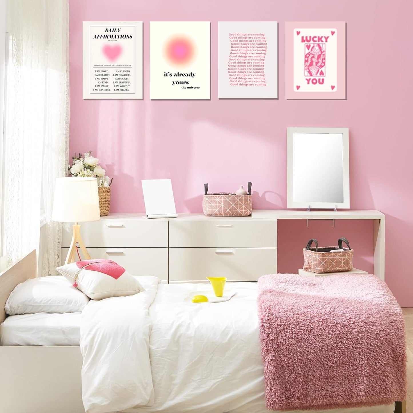 Hwetui Framed Preppy Pink Aura Wall Art Daily Affirmations posters Trendy Y2K Canvas Prints Cute Lucky You Painting Retro Aesthetic Room Decor Picture for College Dorm Bedroom 12x16Inch Set of 4