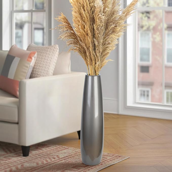 Silvery Ceramic Tall Floor Vase,24 Inch Large Modern Flower Vases for Home Décor,Wicker Big Floor Vase Decorations for Farmhouse, Living Room,Bedroom,Standing Plastic Vase Decorative Tall