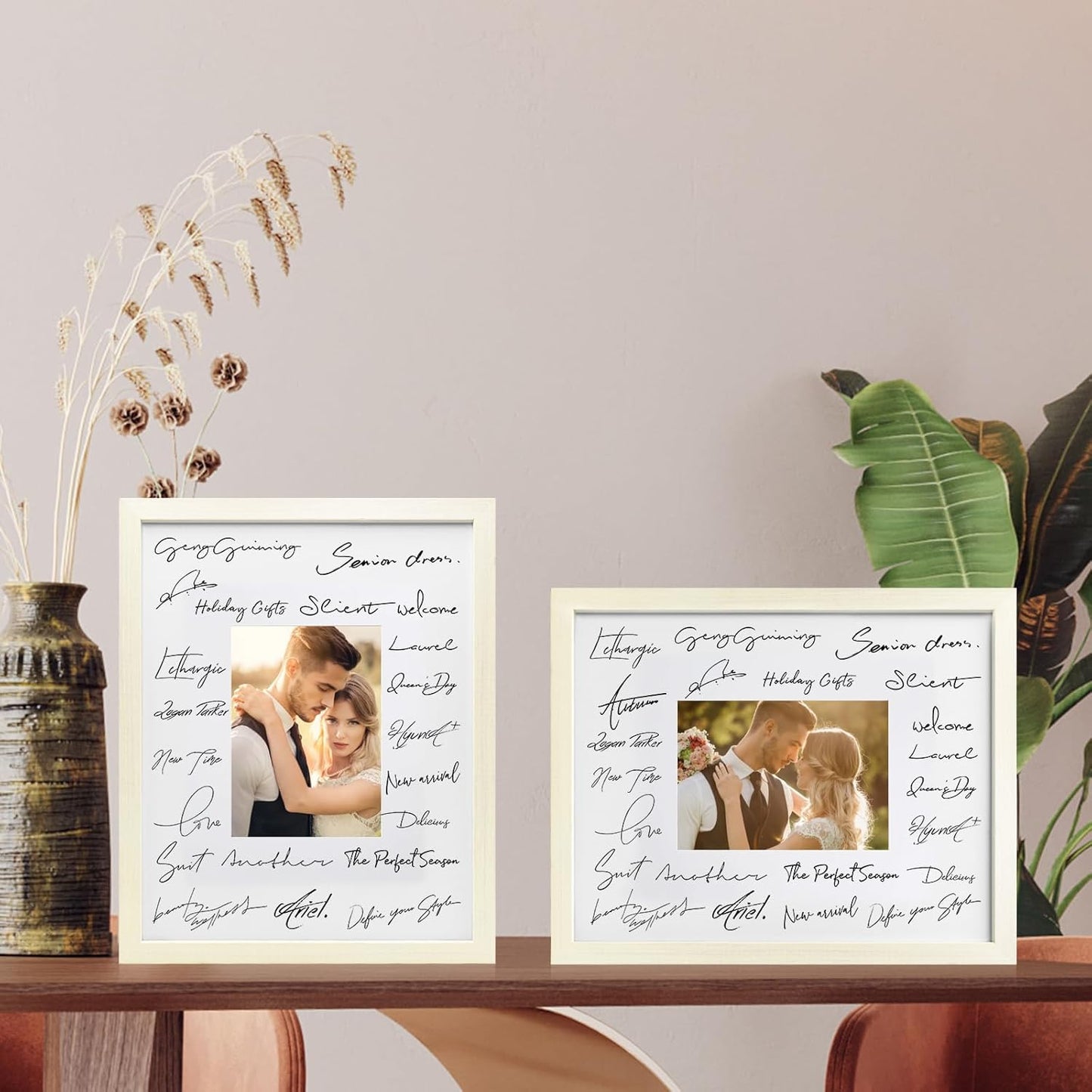 Egofine 11x14 Picture Frames Set of 4, Made of Solid Wood Covered by Plexiglass 5x7 and 8x10 with Mat or 11x14 without Mat, for Table Top Display and Wall Mounting Photo Frame Beige