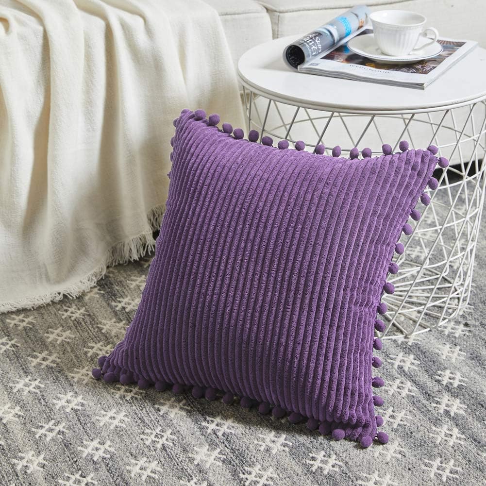 Fancy Homi Pack of 2 Purple Decorative Throw Pillow Covers 20x20 Inch with Pom-poms, Soft Corduroy Solid Square Cushion Cases Set for Living Room Couch Sofa Bedroom Car (20x20 Inch/50x50 cm, Purple)