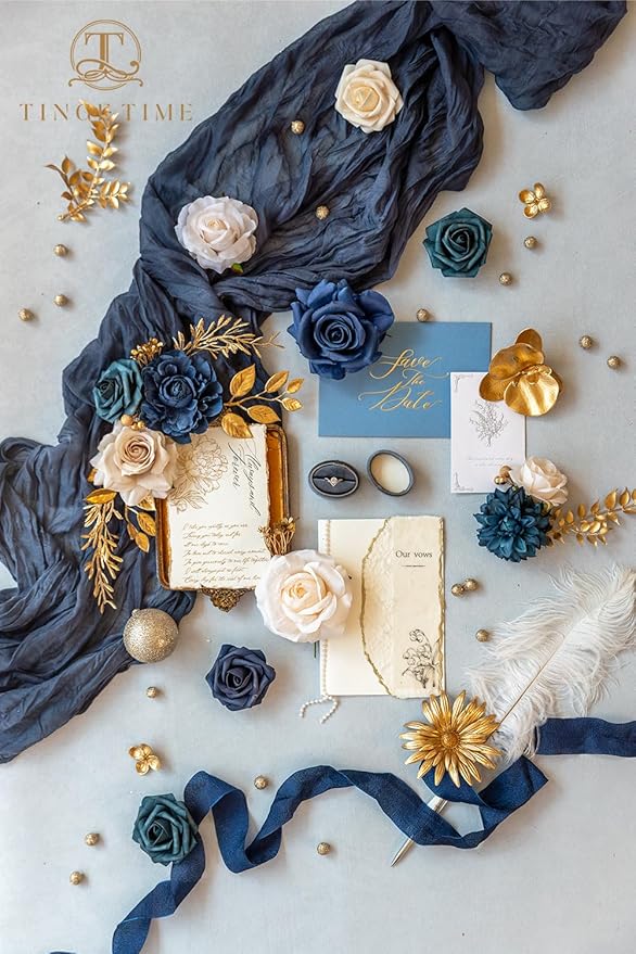 TINGE TIME Roses Artificial Flowers Blue Faux Flowers Bulk for DIY Bridal Wedding Bouquets Baby Shower Centerpiece Table Home Decorations(Navy Blue)