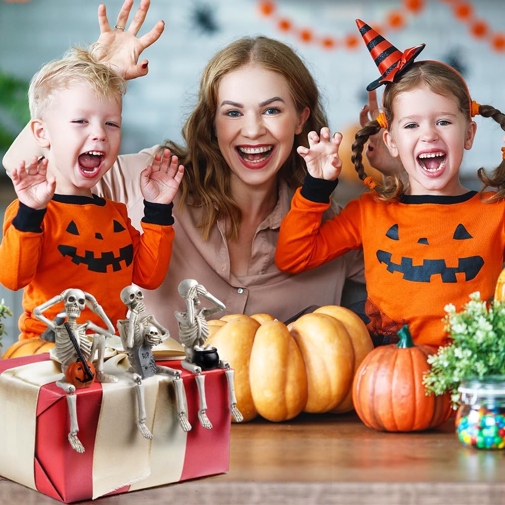 Halloween Skeleton Stalue Set of 3, Gothic Decoration of Skull with Pumpkinand Tombstone, See Speak Hear No Evil Statues Home Decor