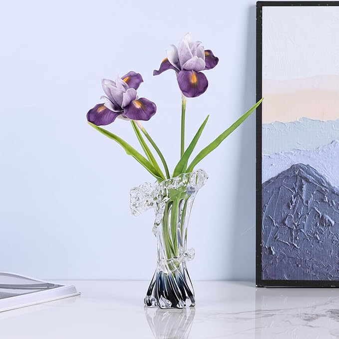 Blue White Clear Wave Vases Gradient, Murano Hand Blown Glass Vase Unique Art Decorative, for Ocean Themed Coastal Home Centerpiece Modern Office Entrance Table Creativity