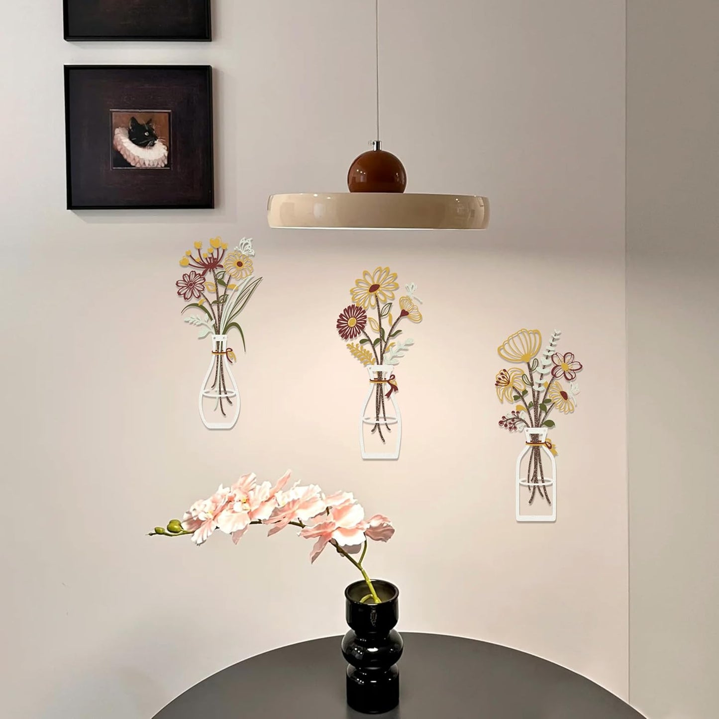 Iron Metal Vase Flower Wall Art Set of 3 - Minimalist Black Floral Decor for Living Room Bedroom Kitchen, Office Garden - Modern Farmhouse Home Decor & Housewarming Gifts (Yellow-Brown)