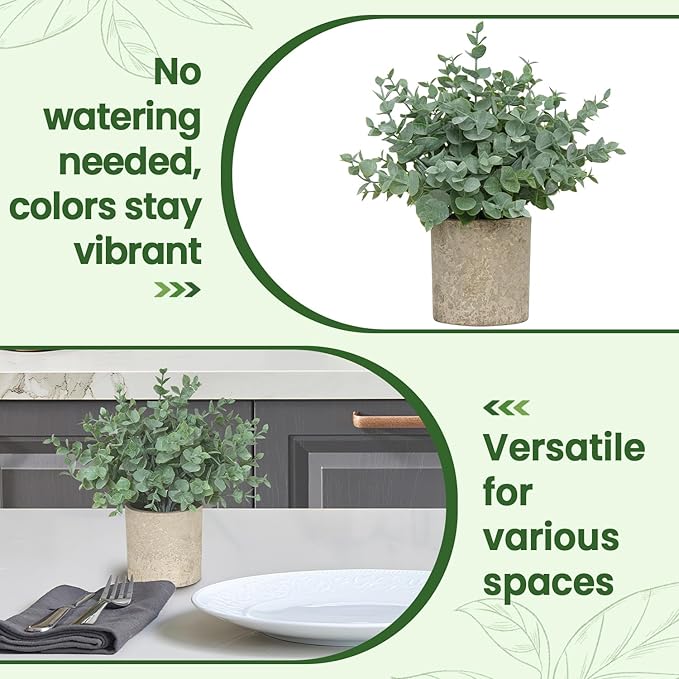 2 Pack Small Fake Plants, Artificial Eucalyptus with Gray Paper Pulp Pots, Small Potted Faux Greenery for Home Decor Indoor, Bathroom, Shelf, Office, Desk, Farmhouse Room Decoration