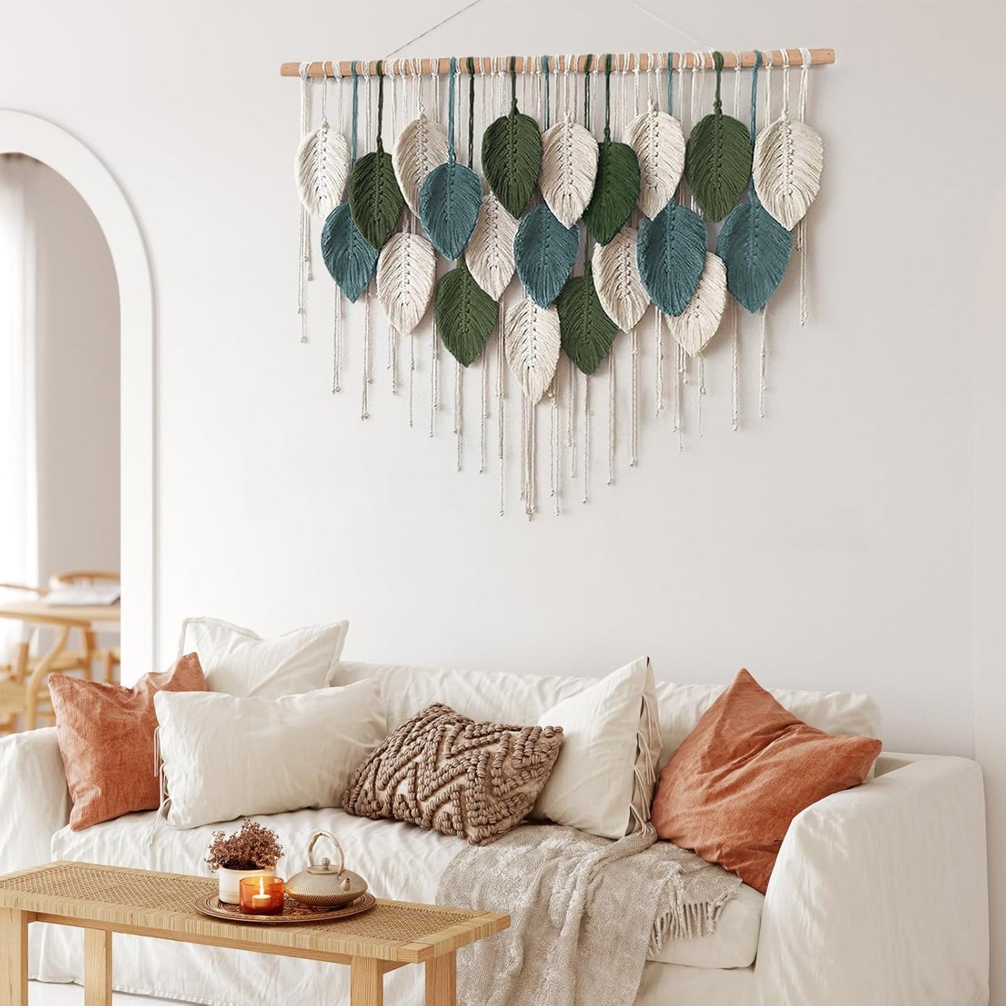 KHOYIME Macrame Wall Hanging Large Boho Home Decor, Bohemian Leaves Tapestry Modern Handmade Yarn Woven Feather Leaf Chic Wall Art Decorations for Bedroom Living Room Nursery Backdrop 39" W X 29.5" L