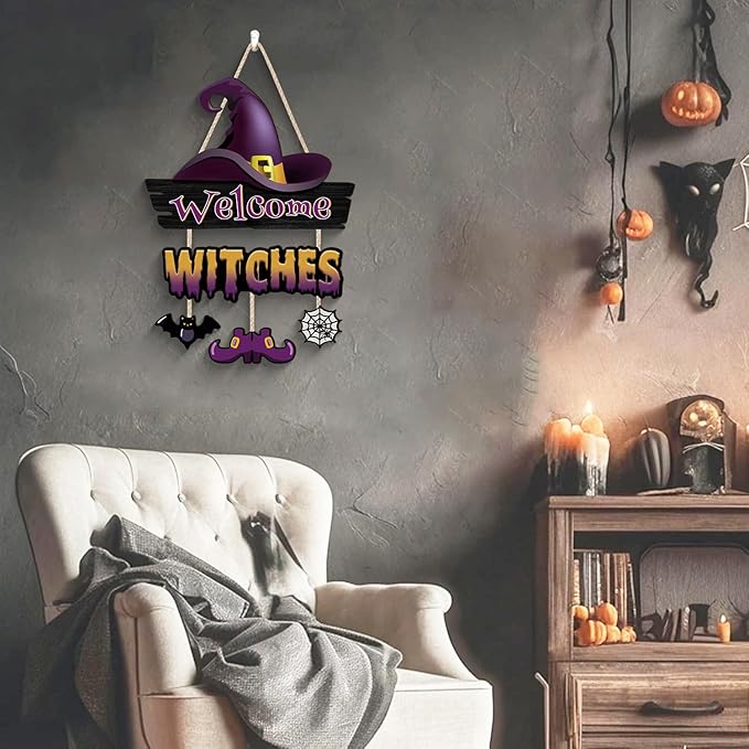 Welcome Witches Door Sign,Witch Legs Hat Wooden Hanging Sign,Rustic Halloween Bat Wall Decor,Halloween Witch Theme Wooden Sign,Spider Web Wall Plaque for Porch Yard Home Room Farmhouse Garden