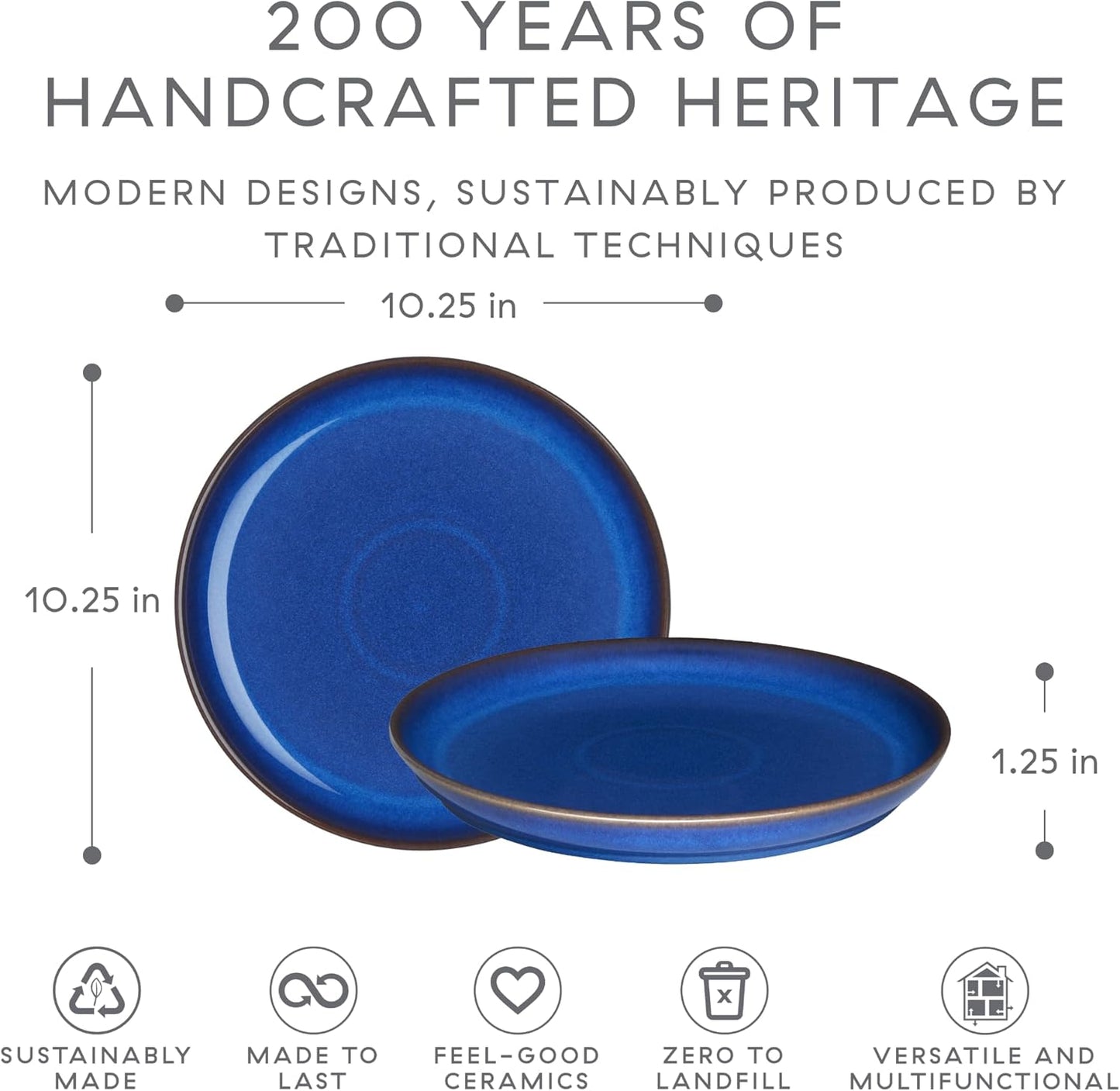 Denby - Imperial Blue Coupe Dinner Plates Set of 6 - Dishwasher Microwave Oven Safe - Scratch Chip Resistant - Large Ceramic Stoneware Dinnerware Plates Set