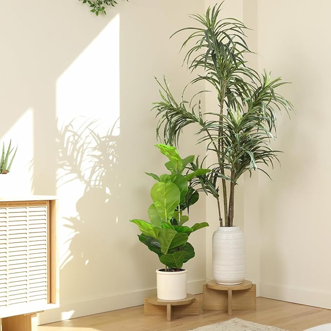 Natural Wood Riser Set of Two - Large 10” Round Wooden Plant Stands Indoor - Wood Pedestal Stands for Plants, Cakes, Drink Dispensers or Decorative Display - Mid Century Modern Plant Tables - Plant Stool for Floor or Table