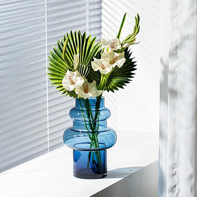 Clear Blue Bubble Glass Flower Vase, Modern Boho Ins Style Vase for Hydroponic Plants Bouquet, for Home Room Office Book Shelf Wedding Table Decor (W 6" X H 9.4")