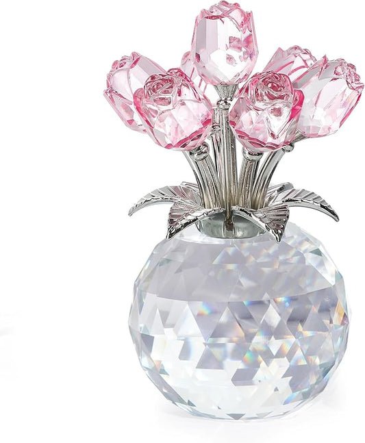 Crystal Rose Bouquet Flower Figurine - Pink Rose Gifts for Women, Collectible Floral Glass Ornaments for Valentine's Day, Mother's Day, Boxed