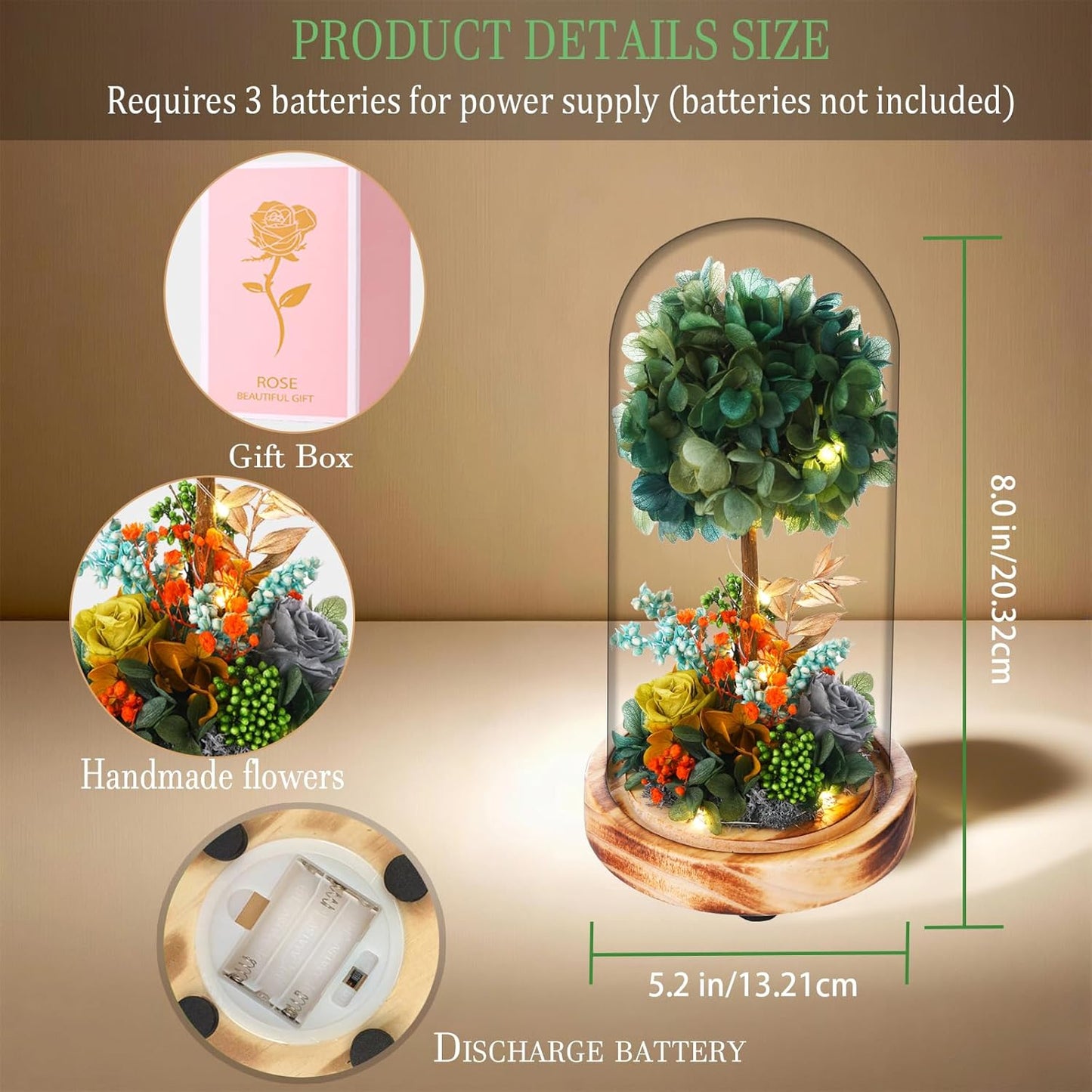 LED Illuminated Glass Dome Floral Arrangement, Decorative Light with White Hydrangea and Rose, Battery Operated(Dark Green)