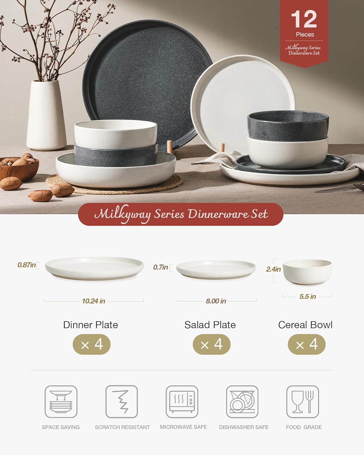 Famiware Milkyway Plates and Bowls Sets, 12 Pieces Dinnerware Sets, Reactive Glaze Dish Set, Stoneware Dishes Set for 4, Matte Beige White & Matte Dark Charcoal