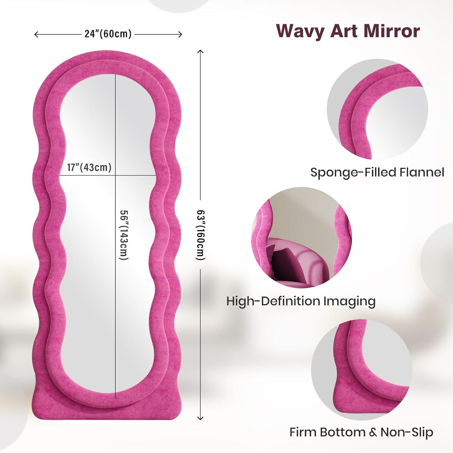 Full Length Mirror 63"x24" Arched Wavy Full Body Wall Mounted Floor Mirror with Stand Hot Pink Flannel Frame Leaning Hanging Wall Mirror for Bedroom Entrance
