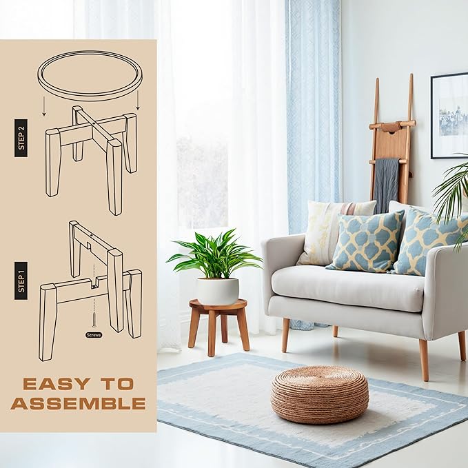 Demigo Indoor Plant Stand, Acacia Wooden Decorative Plant Shelf with Spill-Proof Tray, Stable 8” Tall Flower Holder for Heavy Pots, Gardening Display for Decor Living Room Patio - Natural Brown