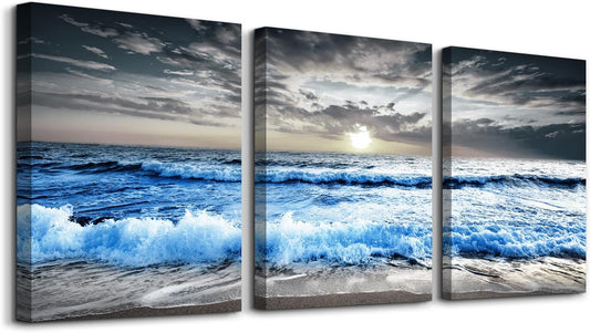 MHARTK66 3 Piece Canvas Wall Art - Blue Ocean Wave Seascape Pictures - Bedroom, Living Room, Office Wall Decor - Modern Home Decor