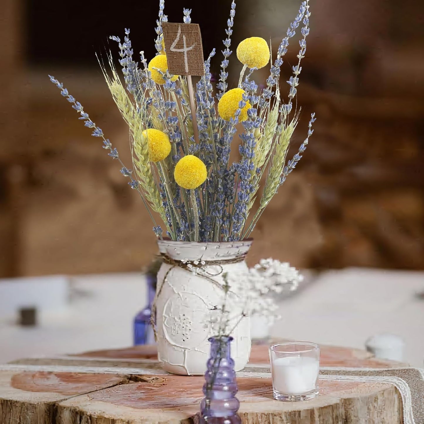 CISDUEO Dried Flowers Bouquet Dried Wheat Stalks Bundle Natural Lavender Dried Flowers Craspedia Flowers Dried Floral Arrangements for Wedding Party Table Centerpiece Decor Farmhouse DIY