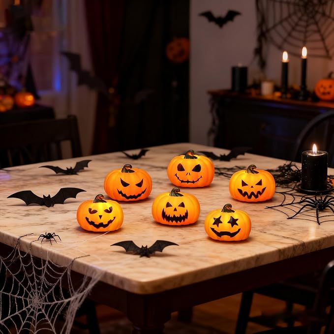 Wondise 6Pack Halloween Pumpkin Tea Lights with Remote and Timer, Battery Operated LED Orange Jack-O-Lantern Candles for Halloween Decor, Flameless Candles for Pumpkin Decorations