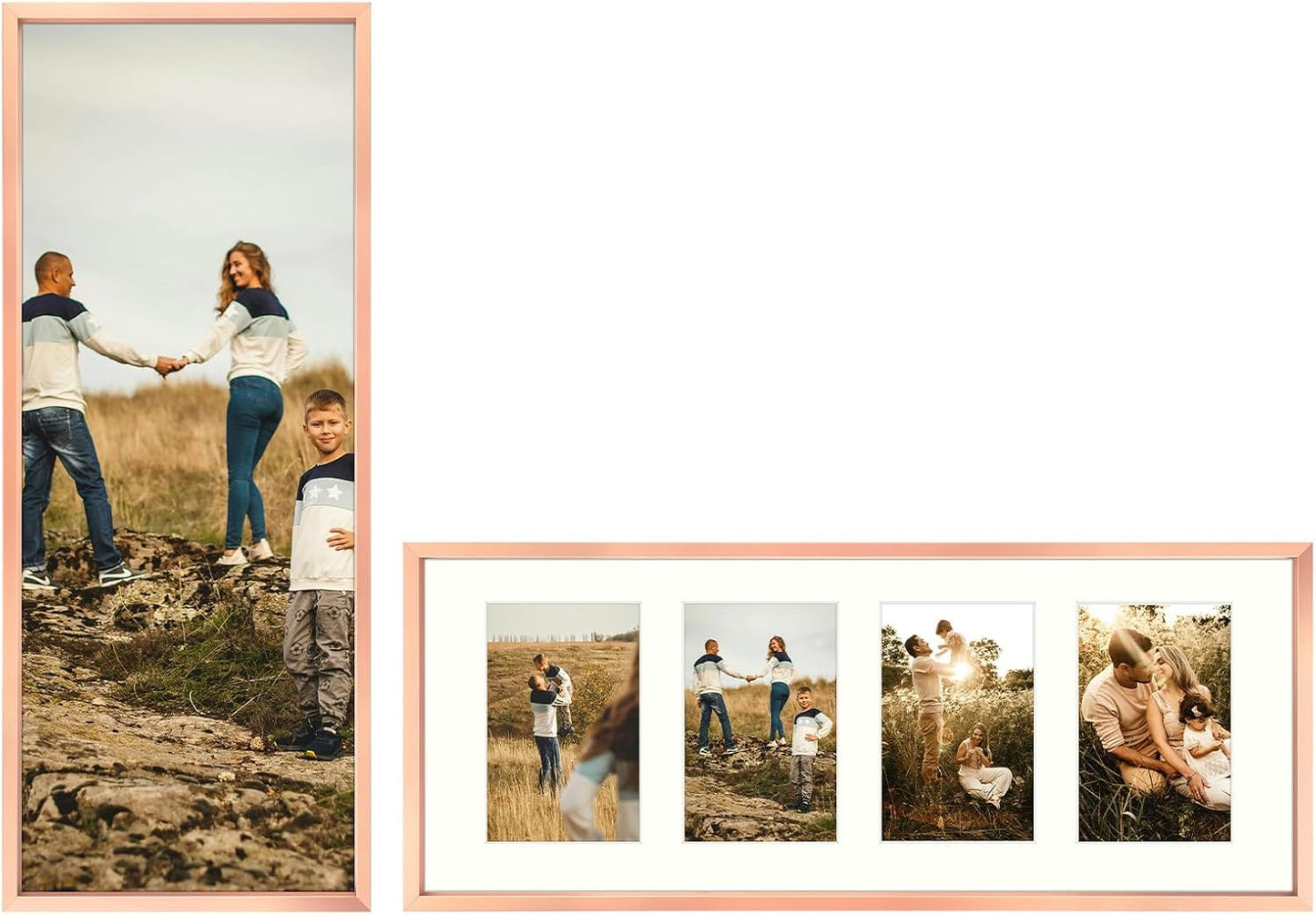 Frametory - 8x20 Aluminum Collage Picture Frame - Display 4x6 Pictures with 4 Openings Mat - Real Glass Front - Horizontal/Vertical Wall Mount - Rose Gold 1 Pack