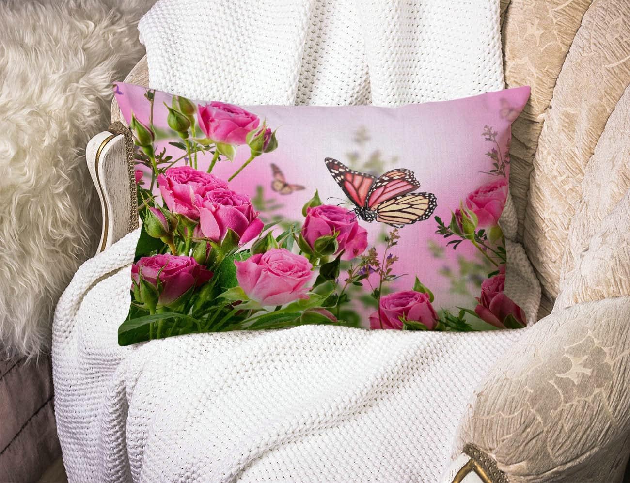 Flower Decor Butterfly Fliying on The Pink Rose Pillow Covers 12" x 20" Lumbar Pillow Covers Home Decorative Cotton Linen Cushion Case for Sofa Couch Housewarming Family Room Décor