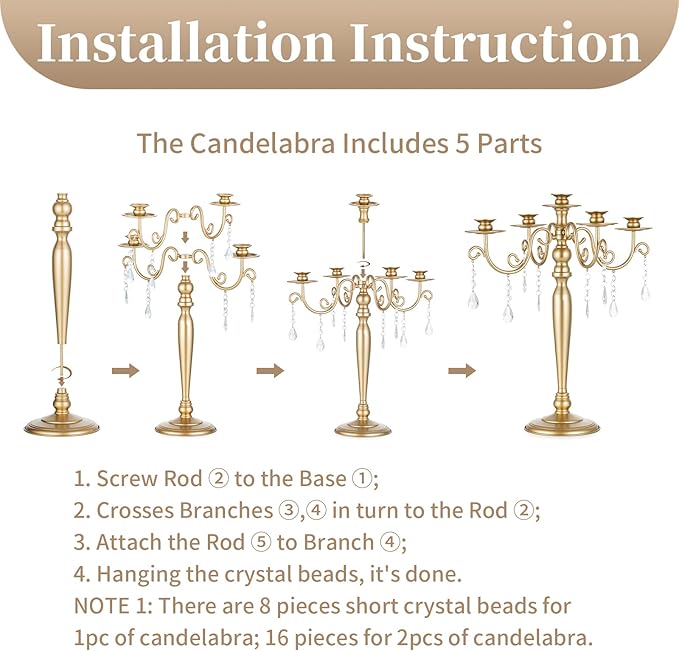 Sziqiqi Wedding Candelabra Table Centerpiece: 5 Arm Candelabras for Candlesticks - Gold Candle Holder Set of 2 for Christmas Engagement Birthday Party Event